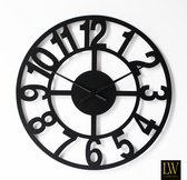 LW Collection XL wandklok Jannah zwart 80cm - Grote industriële wandklok metaal stil uurwerk - Moderne zwarte wandklok