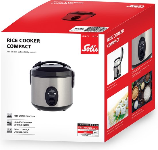 Verpakking van de Solis Compact rijstkoker. De voorkant toont een zilveren rijstkoker en informatie.