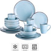 Service de vaisselle en faïence, service de vaisselle 16 pièces, look vintage, bleu clair