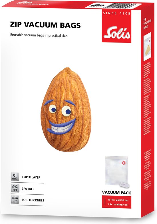 Boîte Solis ZIP VACUUM BAGS, 10 pièces, 26x35cm, avec un personnage amande et l'inscription 'SINCE 1908'.