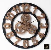 LW Collection wandklok Brons zwart 60 cm industrieel - grote industriële wandklok met tandwielen - Landelijke klok stil uurwerk