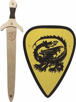 houten zwaard met schede draak en ridderschild geel kinderzwaard ridder schild