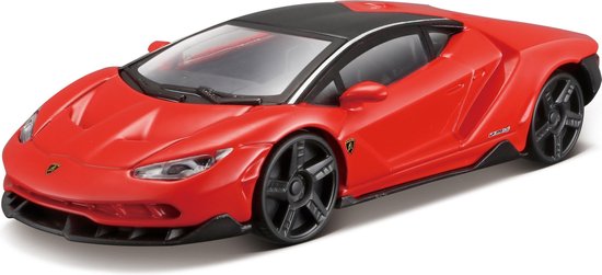 Rode metalen modelauto van een Lamborghini Centenario met zwart dak en zwarte velgen.