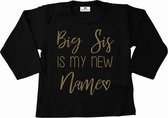 T-Shirt voor een grote zus-Bekendmaking zwangerschap-big sis is my new name-zwart-goud-Maat 134/146