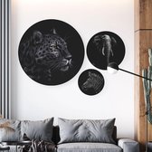 Tizato – Wandcirkels Safari – Rond 3-Luik Luipaard + Olifant + Zebra – Dibond – 115 x 80 cm – Zwart Wit