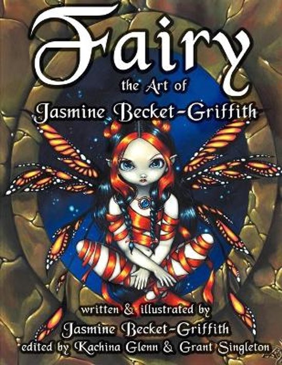 Couverture du livre 'Fairy: the Art of Jasmine Becket-Griffith' avec une fée aux ailes et des vêtements rayés orange.