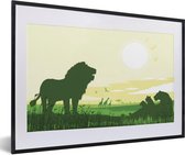 Photo en cadre - Une illustration verte d'un safari africain avec divers animaux sauvages Cadre photo noir avec passe-partout blanc, moyen 60x40 cm - Affiche sous cadre (Décoration murale salon / chambre)