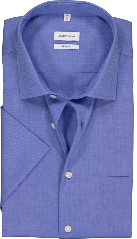 Seidensticker regular fit overhemd - korte mouw - middenblauw fil a fil - Strijkvrij - Boordmaat: 44