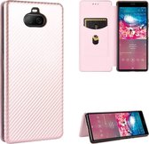Voor Sony Xperia 8 Lite Carbon Fiber Texture Magnetische Horizontale Flip TPU + PC + PU Leather Case met Card Slot (Pink)