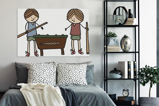 Canvas Schilderij Een illustratie van twee kinderen die aan het biljarten zijn - 120x80 cm - Wanddecoratie - OneMillionCanvasses