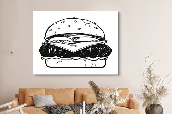 Canvas schilderij 160x120 cm - Wanddecoratie Een illustratie van een cheeseburger - Muurdecoratie woonkamer - Slaapkamer decoratie - Kamer accessoires - Schilderijen