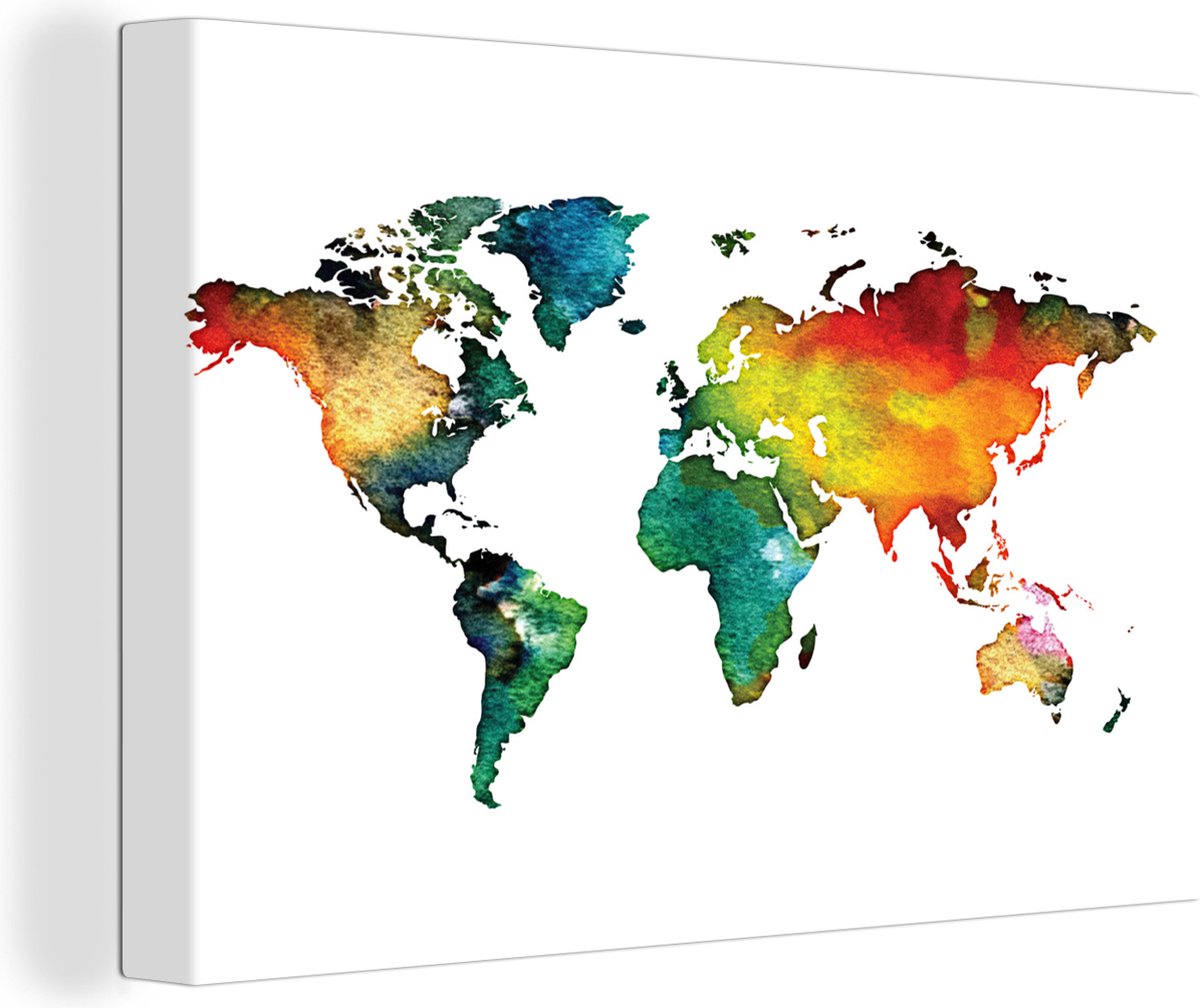 Canvas Wereldkaart - 150x100 - Wanddecoratie Wereldkaart - Waterverf - Groen