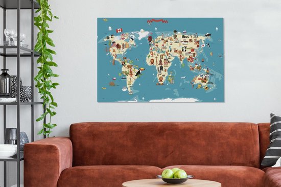 Canvas Wereldkaart - 140x90 - Wanddecoratie Wereldkaart Kinderen - Aarde - Symbolen