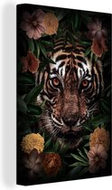 Schilderij tijger - Tijger - Close-up - Bloemen - Kleuren - Bladeren - Tijger canvas - Foto op canvas - Wanddecoratie - 80x120 cm