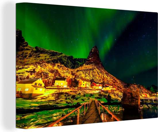 Aurores boréales au-dessus d'un village en Norvège toile 2cm 30x20 cm - petit - Tirage photo sur toile (Décoration murale salon / chambre) / phénomènes naturels Peintures sur toile