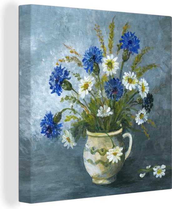 Canvas Schilderij Een illustratie van meerdere korenbloemen in een vaas - 90x90 cm - Wanddecoratie