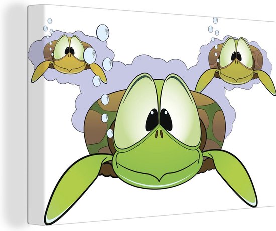 Canvas Schilderij Illustratie van drie groene schildpadden in het water - 60x40 cm - Wanddecoratie