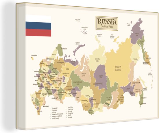 Canvas Schilderij tekening van een ouderwetse kleurrijke kaart van Rusland - Wanddecoratie