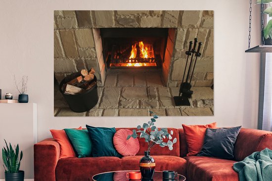 Cheminée dans un mur de pierre 180x120 cm - Tirage photo sur toile (Décoration murale salon / chambre) XXL / Groot format!