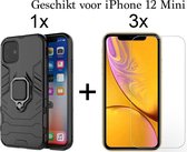iPhone 12 Mini hoesje Armor Case Zwart Kickstand Ring shock proof apple magneet  - 3x iPhone 12 Mini Screen Protector