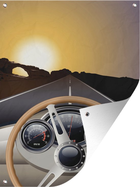 Tuin decoratie Illustratie van het dashboard in de auto bij een zonsondergang - 30x40 cm - Tuindoek - Buitenposter