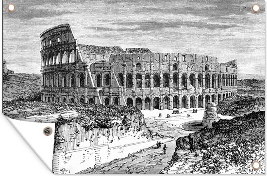 Foto: Tuinposters buiten zwart wit illustratie van het colosseum in rome 90x60 cm tuindoek buitenposter