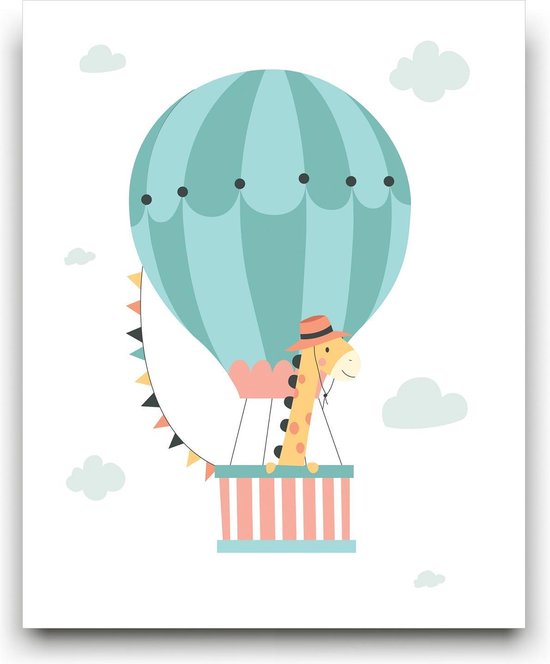 Schilderij  Giraf in een Luchtballon Groen - Kinderkamer - Dieren Schilderij - Babykamer / Kinder Schilderij - Babyshower Cadeau - Muurdecoratie - 50x40cm - FramedCity