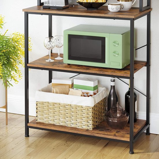 Étagère de cuisine, support debout avec étagères, avec 6 crochets et cadre en métal, design industriel, pour micro-ondes, ustensiles de cuisine, 80 x 40 x 167 cm, vintage marron-noir KKS019B01