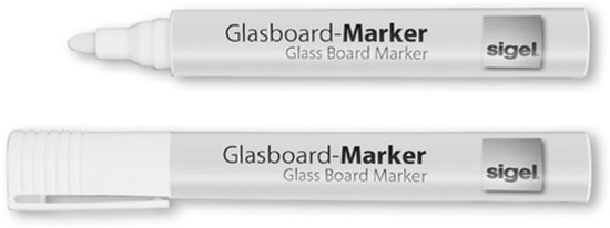 Twee witte glasbordmarkers, waarvan één met dop. "Glasboard-Marker" en "sigel" op de behuizing.