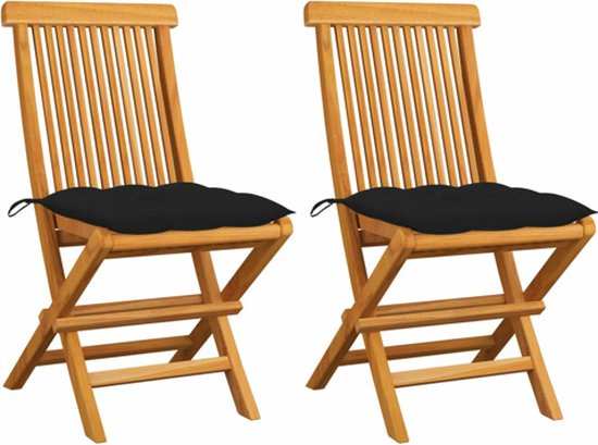 vidaXL - Tuinstoelen - 2 - st - met - zwarte - kussens - massief - teakhout