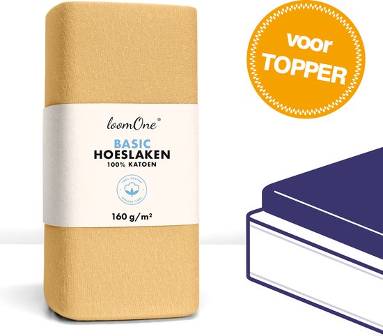 Loom One Hoeslaken Topper – 100% Jersey Katoen – 200x200 cm – tot 10cm matrasdikte– 160 g/m² – Beige