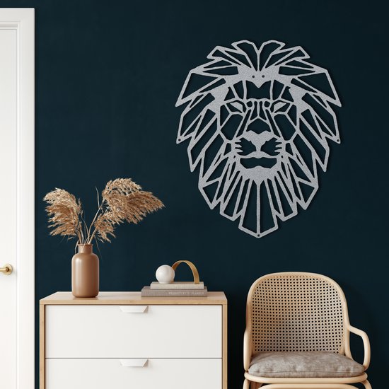 Wanddecoratie | Leeuwen Hoofd / Lion Head| Metal - Wall Art | Muurdecoratie | Woonkamer |Zilver| 63x75cm