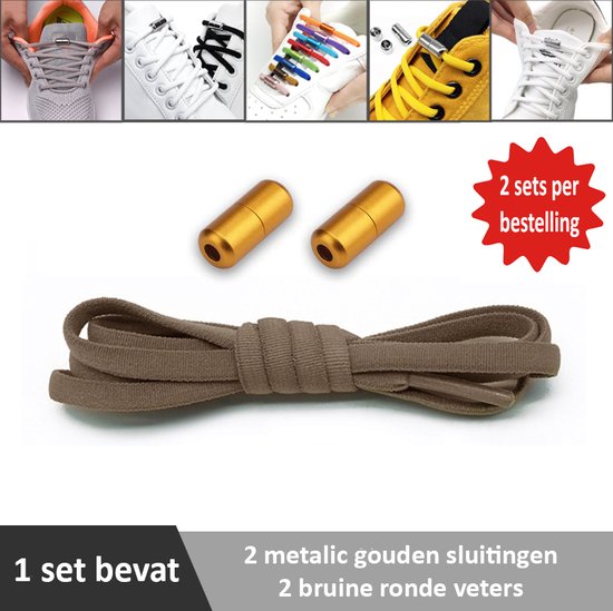 2 paar bruine ronde elastische veters met metalic gouden sluitingen. Je hoeft voortaan nooit meer je veters te strikken