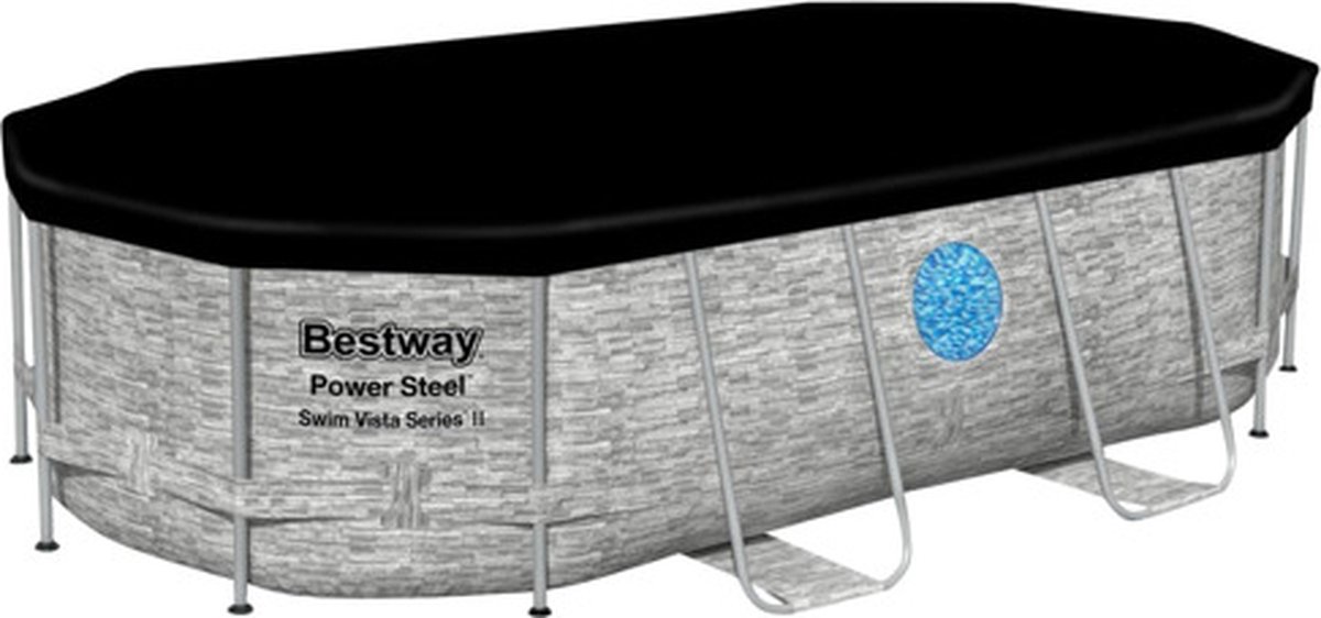 Bestway - Power Steel Swim Vista - Opzetzwembad inclusief filterpomp en accessoires - 427x250x100 cm - Steenprint - Ovaal