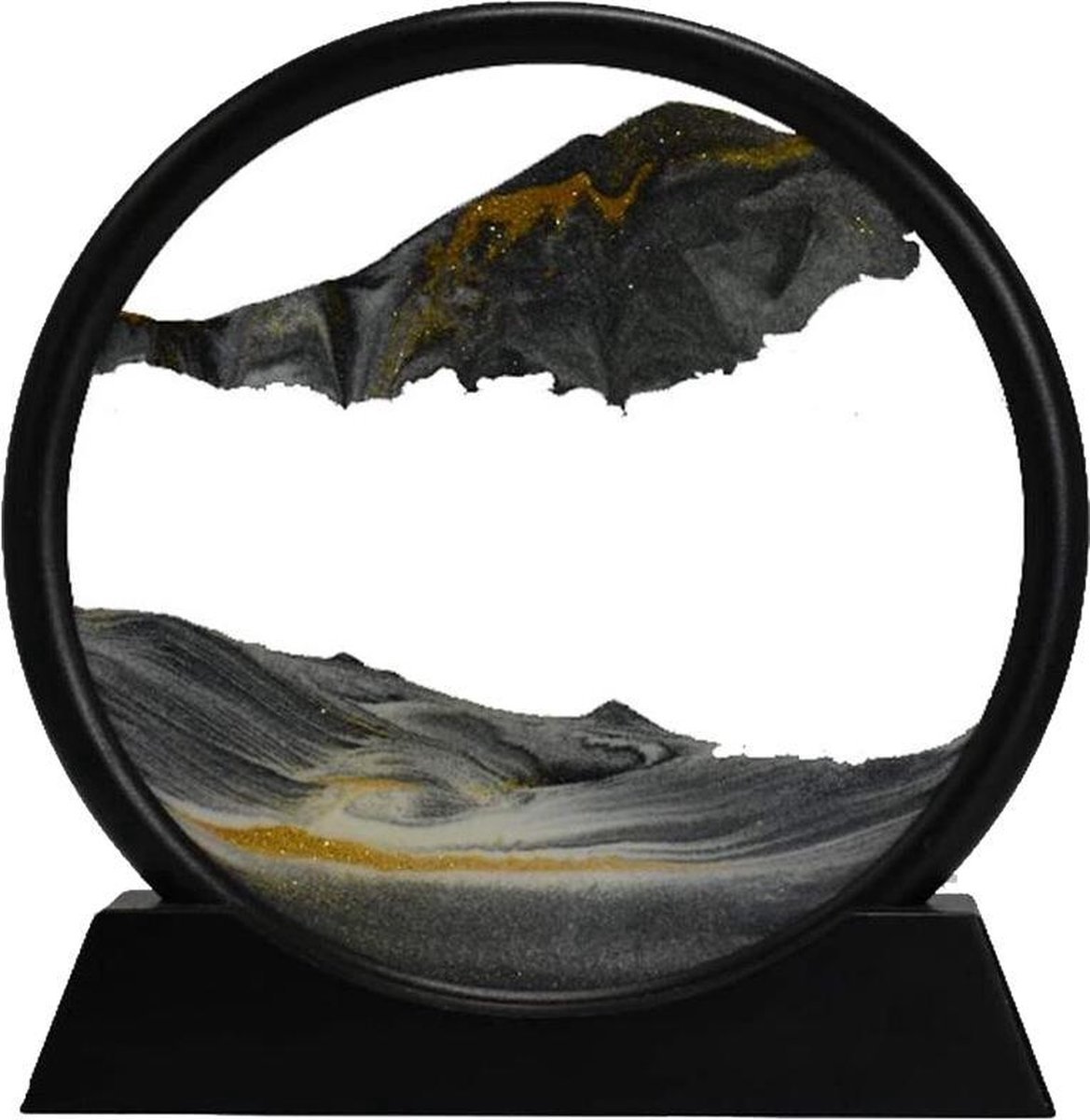Bewegende zandkunst in glas - Zwart – Zandloper – Dynamisch – Ontspannen – Kantoor – Decoratie – Volwassenen – Kinderen – Bureau decoratie – Destop en bureau – Meditatie – 19x19 cm op Prijzenvolger.com