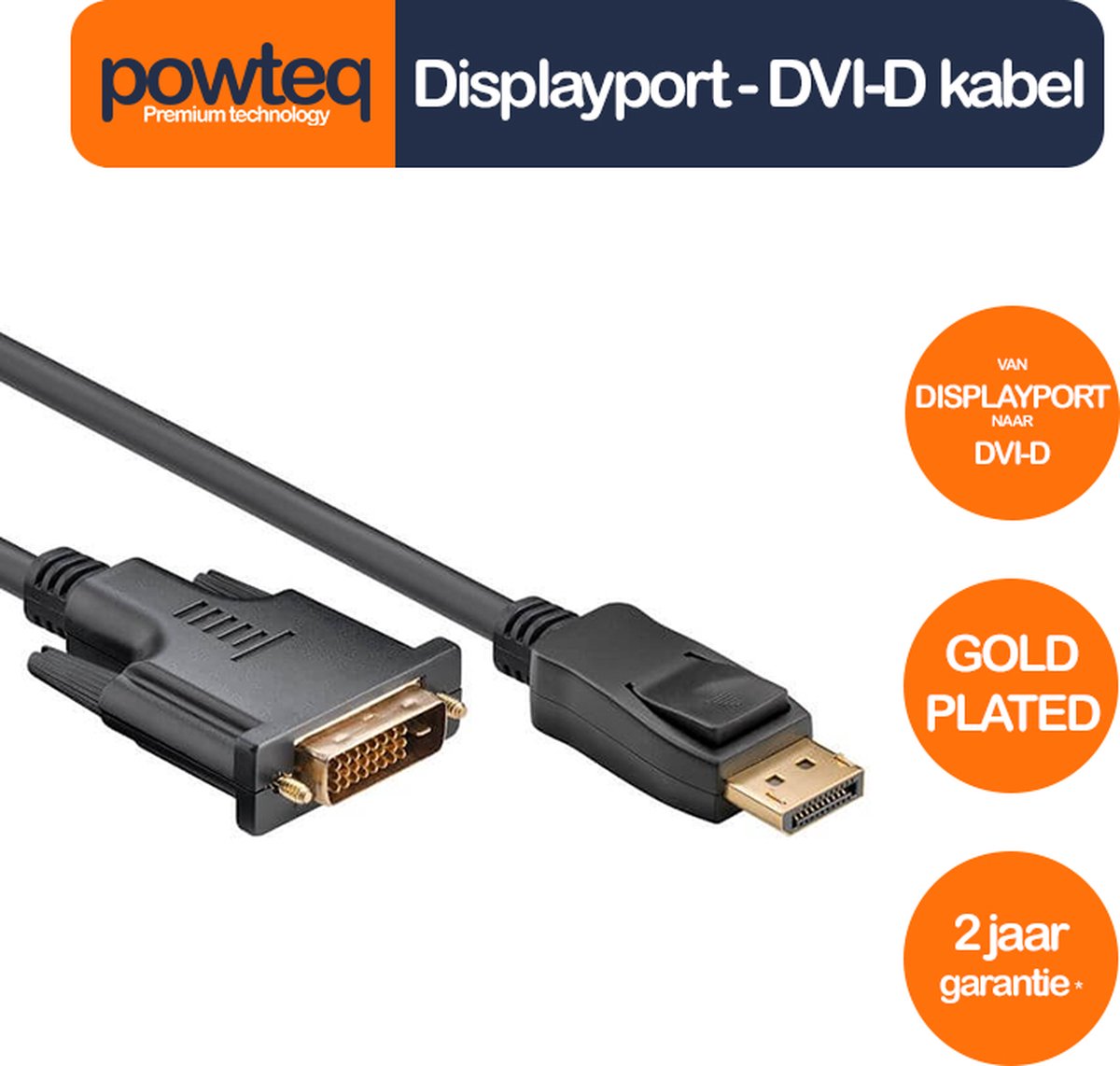 Powteq - 1 meter premium Displayport naar DVI-D kabel - Gold-plated - Powteq