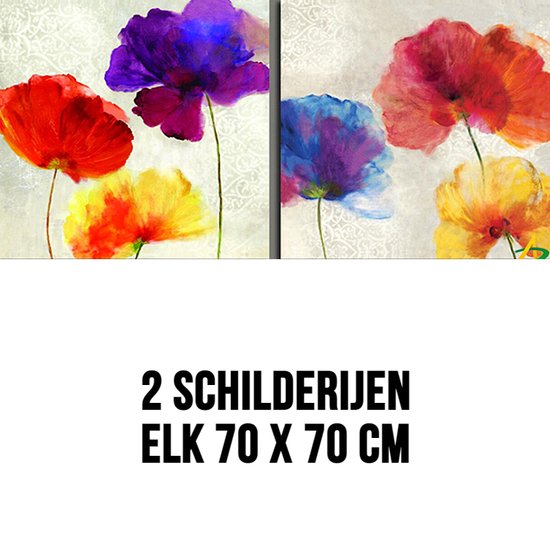 Canvas Schilderij 2 STUKS Bloemenpracht Aquarel - Kleur - Bloemen Natuur - 2x elk 70 x 70 cm