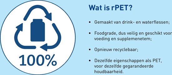 Cirkelvormig logo met recyclingpijlen en de tekst "100%". Naast de tekst "Wat is rPET?" met opsommingstekens.