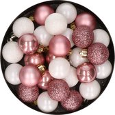 28x stuks kunststof kerstballen oudroze en wit mix 3 cm - Kerstboomversiering