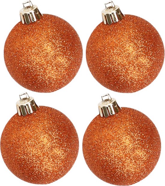 4x stuks kunststof glitter kerstballen oranje 10 cm - Onbreekbare kerstballen - kerstversiering