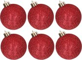 6x stuks kunststof glitter kerstballen rood 6 cm - Onbreekbare kerstballen