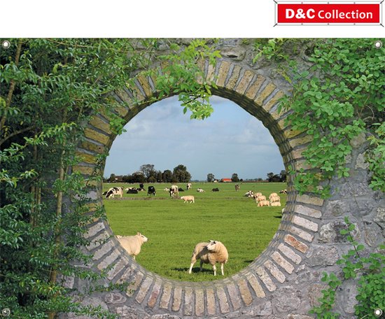 D&C Collection - tuinposter - 65x90 cm - stenen doorkijk - Geheime tuin Hollands landschap met koeien en schapen - schuttingposter - tuindoek - muur decoratie