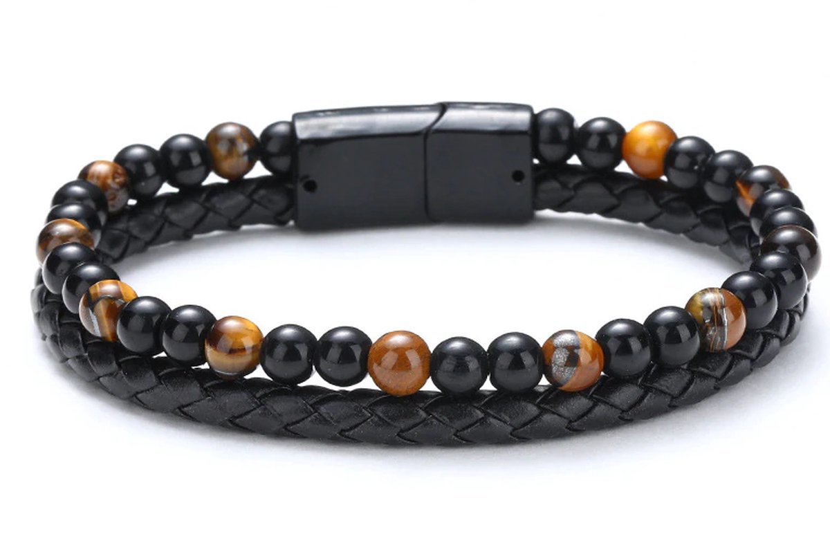 N3 Collecties Leren en tijgeroog stenen armband Unisex