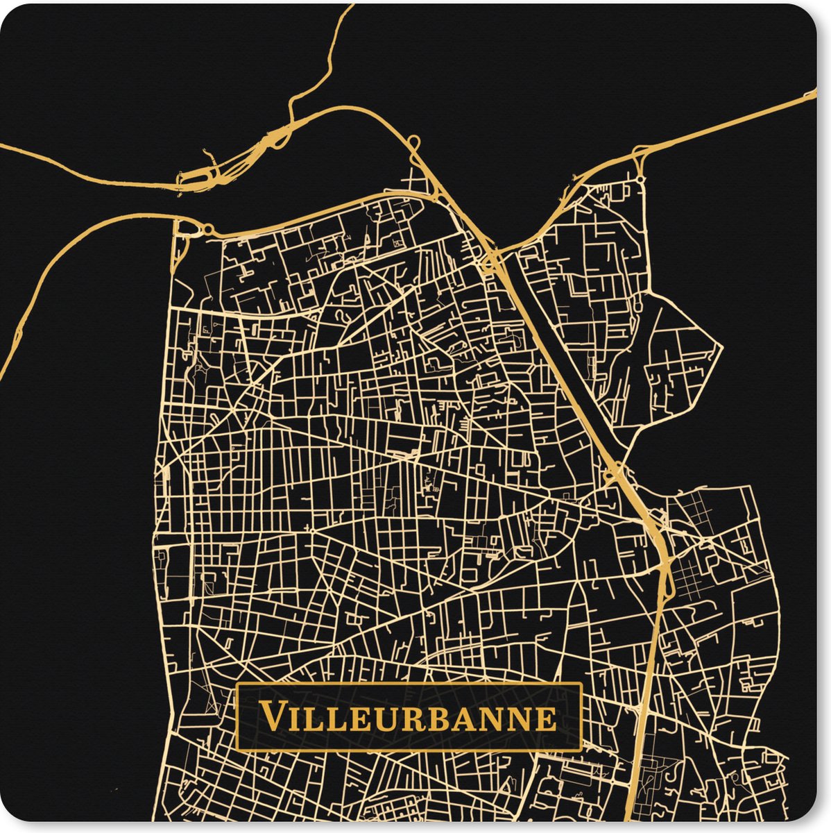 Muismat XXL 40x40 cm - Bureau onderlegger - Bureau mat Plattegrond - Villeurbanne - Goud - Zwart - Bureaumat - Gaming mousepad xl - Bureaulegger groot - Computer deskmat - Stadskaart