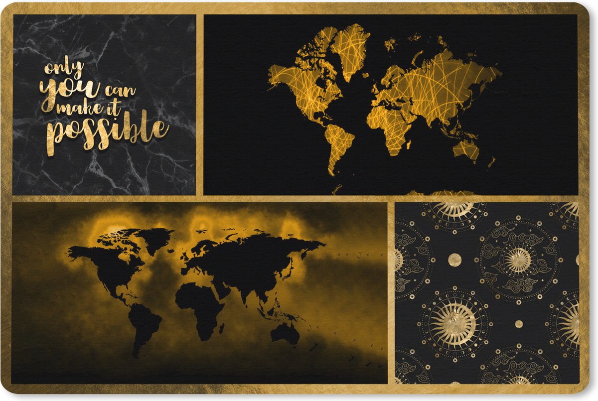 Muismat XXL 120x80 cm - Bureau onderlegger - Bureau mat Wereldkaart - Collage - Luxe - Goud - Bureaumat - Gaming mousepad xl - Bureaulegger groot - Computer deskmat