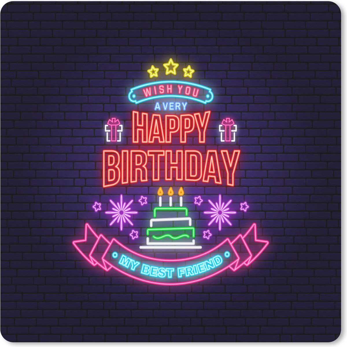 Muismat XXL 40x40 cm - Bureau onderlegger - Bureau mat Happy Birthday - Party - Neon - Bureaumat - Gaming mousepad xl - Bureaulegger groot - Computer deskmat