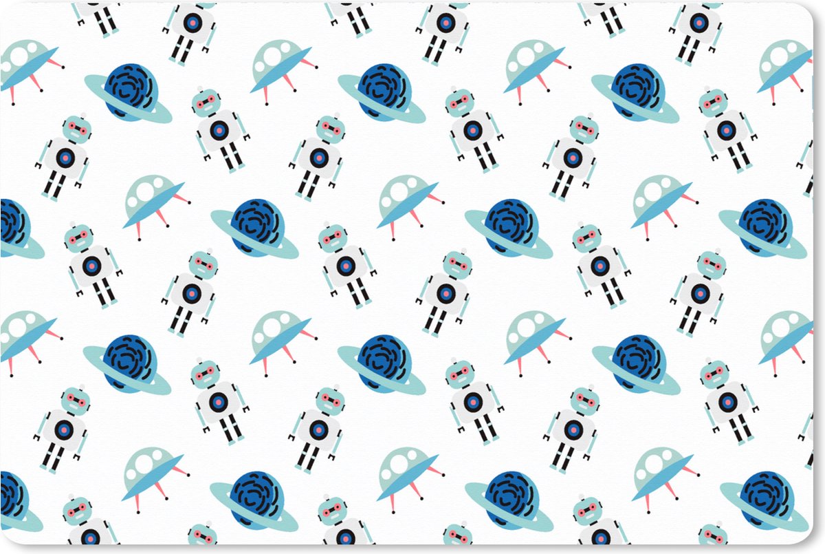 Muismat XXL 120x80 cm - Bureau onderlegger - Bureau mat Space - Robot - Planeten - Patroon - Bureaumat - Gaming mousepad xl - Bureaulegger groot - Computer deskmat