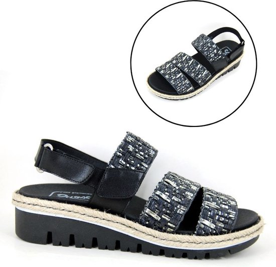 Stravers - Comfortabele Raffia Look Sandalen Maat 43 Uitneembaar Voetbed Grote Maten Zwarte Leren Sandalen