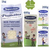 Pack ACTION de produits d'entretien ménager Bio . Bio écologique. Savon de Marseille Flakes, Bicarbonate de Sodium Savon, Bicarbonate de Sodium en poudre.