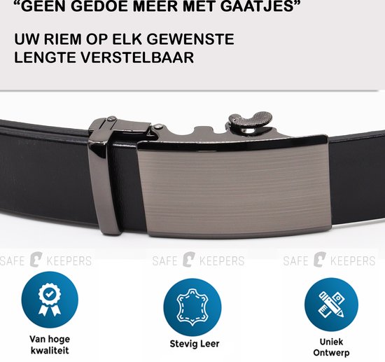 Zwarte leren riem met matzwarte automatische gesp, zonder gaatjes. Van hoge kwaliteit, stevig leer, uniek ontwerp.